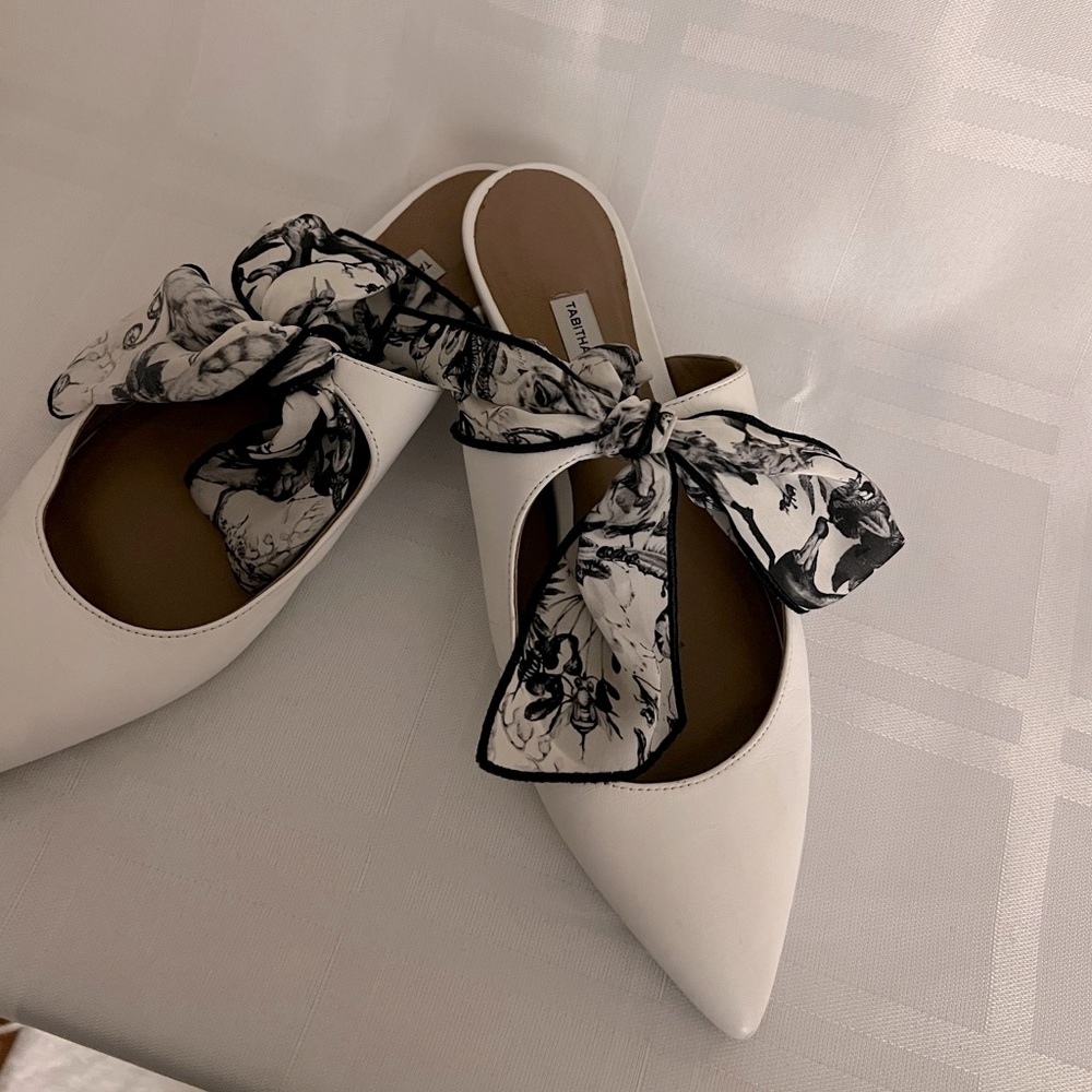 Tabitha Simmons Ada flats. White leather fabric bow tie 6.5 size
